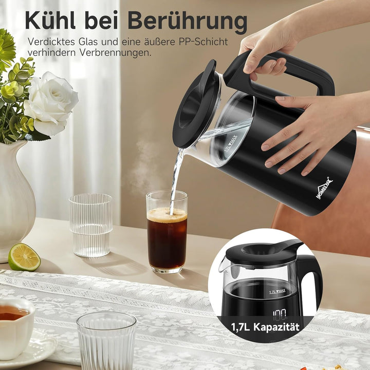 Glas Wasserkocher 1.7L + 1L, 2200W Teekocher Teekannen mit Warmhaltefunktion und Teetrichter, Wasser