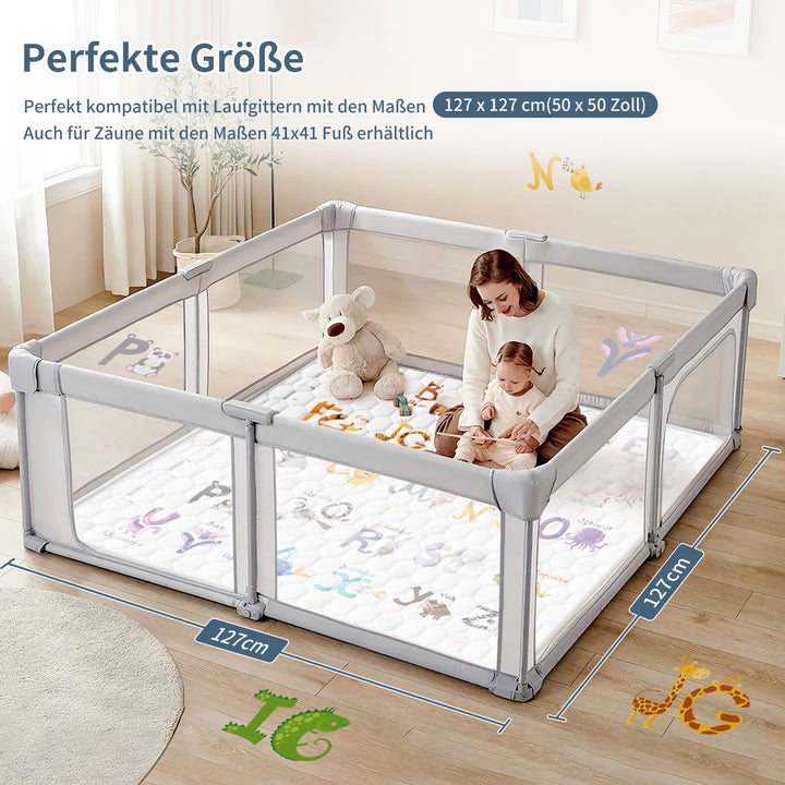 Krabbelmatte Baby 127x127cm, Verdickte Spielmatte Baby Faltbar mit 26 Buchstaben, Tierdrucke und Höh