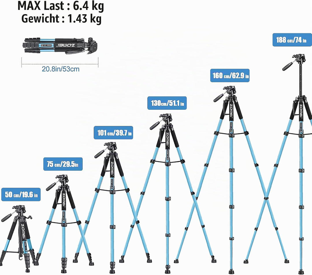 ZOMEi 188cm Stativ Heavy Duty Tall Tripod Stand, Professional Travel Video Tripod Kompatibel mit DSL