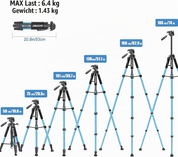 ZOMEi 188cm Stativ Heavy Duty Tall Tripod Stand, Professional Travel Video Tripod Kompatibel mit DSL