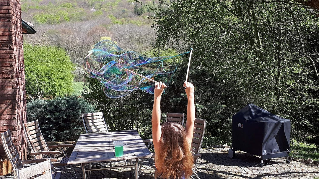 2 Paar Riesenseifenblasen Stäbe (50cm: rot/blau) + Pulver für 5L Holz Seifenblasen Set Kinder