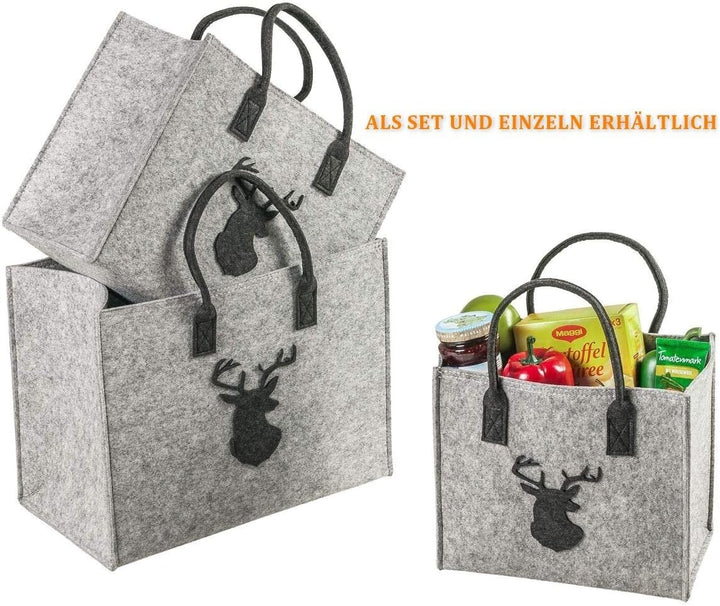 LaFiore24 Hochw. Filztasche Einkaufstasche Shopper Handtasche Festival Hirsch 3-er Set, 3-er Set