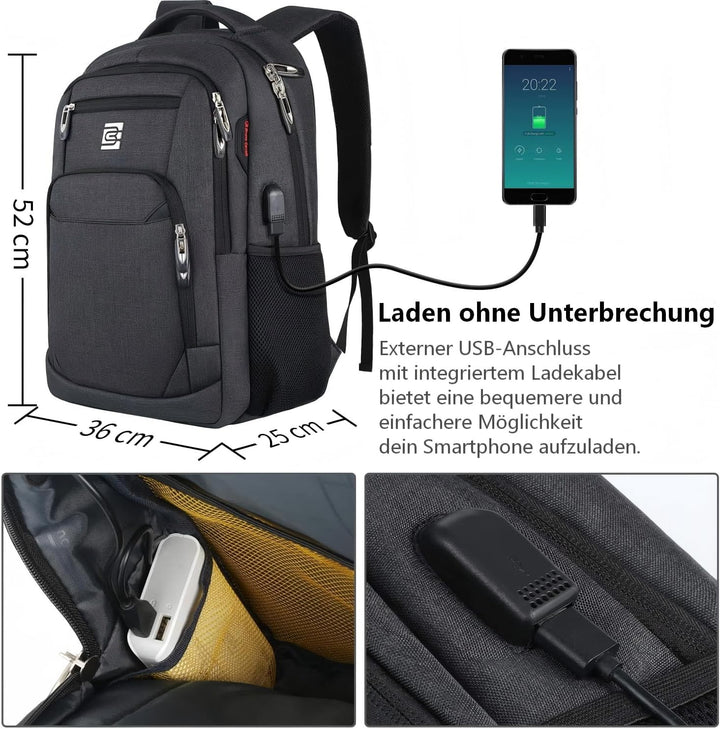 marcello Rucksack Herren, 17,3 Zoll Laptop Rucksäcke mit USB-Ladeanschluss für Arbeit Schule Uni Sch