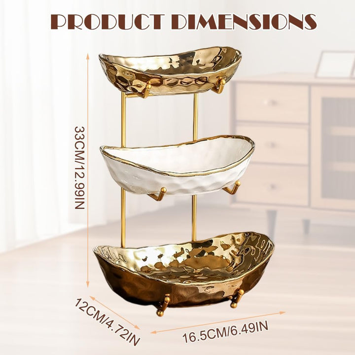 3-Schicht Obstschale Keramik mit Metallgestell, Obstschale Etagere, Elegante Etagere zum Servieren v