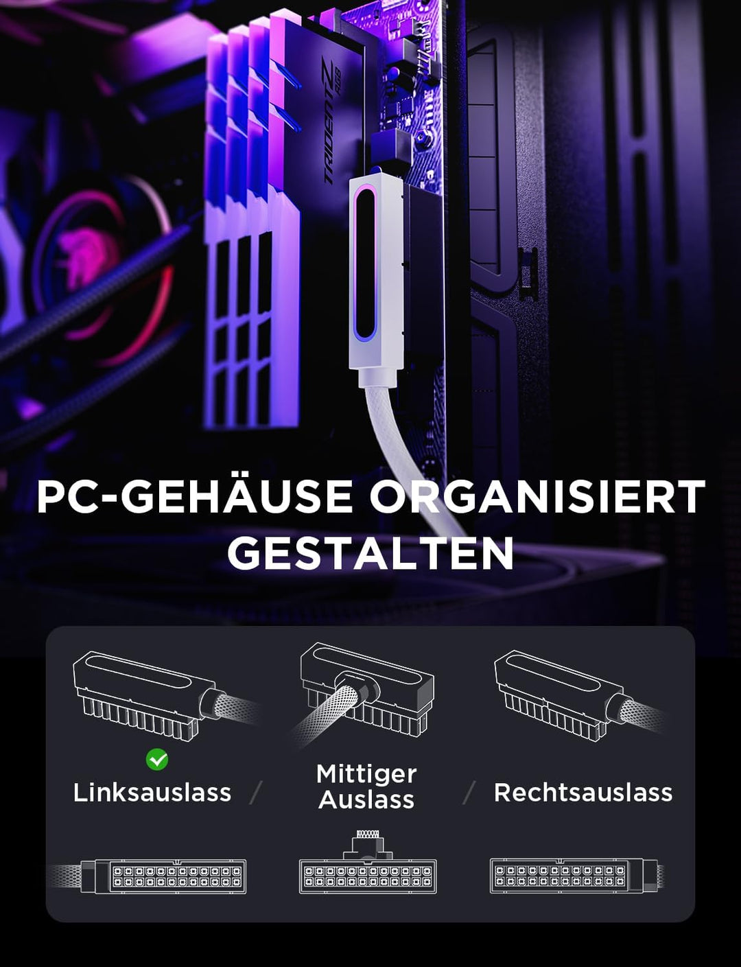 AsiaHorse Hydrus 24-Pin ATX Verlängerungskabel [TYP L - NACH UNTEN GEWINKELT], 90° Stecker nach unte