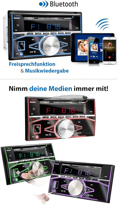 XOMAX XM-2CDB622 Autoradio mit CD-Player, Bluetooth, RDS Radio Tuner, 7 Farben einstellbar (Rot, Bla