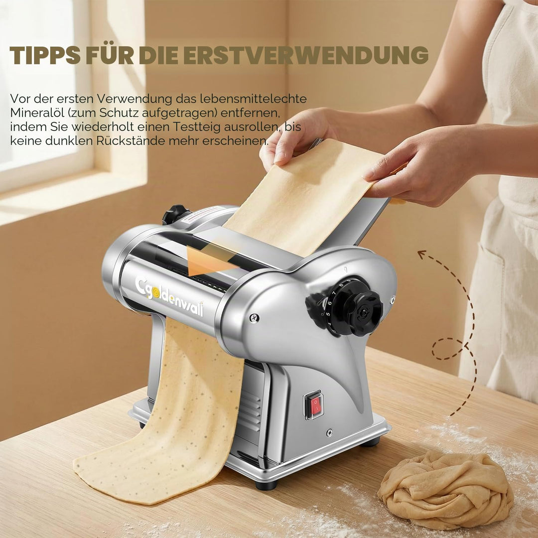 CGOLDENWALL Elektrische Nudelmaschine Frische Edelstahl-Teigausrollmaschine mit 2 Klingen von 1.5 mm