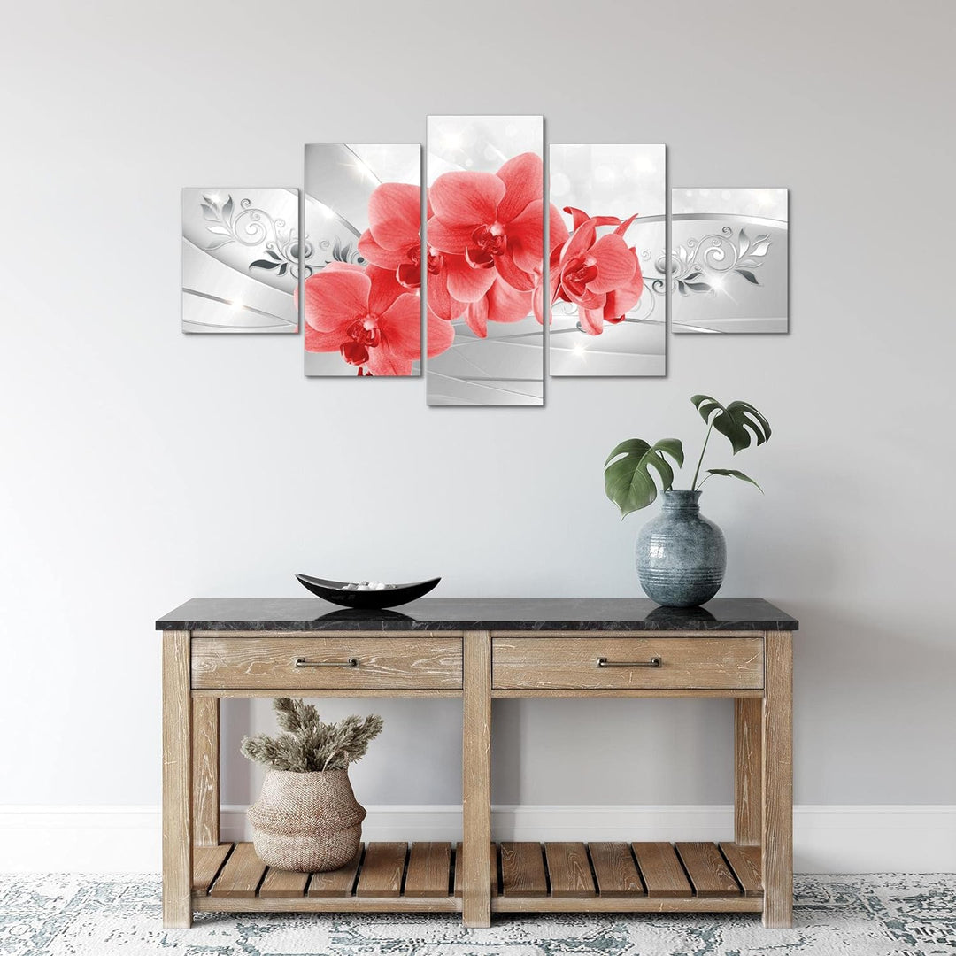 Runa Art Wandbilder Blumen Orchidee 5 Teilig Bild auf Vlies Leinwand Deko Wohnzimmer Silber Rot 2107