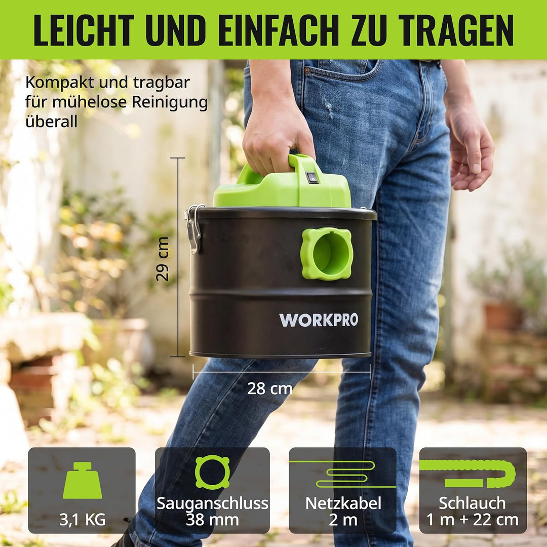 WORKPRO Aschesauger, 700W Asche Staubsauger mit 10L Metallbehälter 16kPa Saugleistung | 2-in-1 Sauge