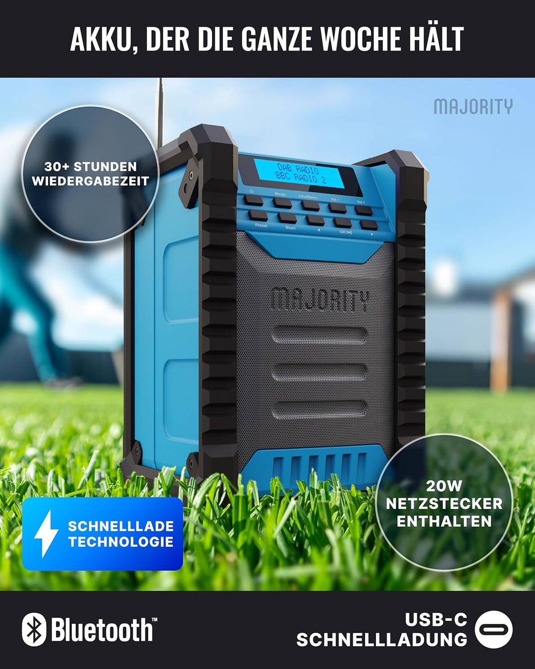 MAJORITY Landbeach Baustellenradio | DAB Radio mit Bluetooth für Baustelle | 10.000mAh Akku & USB-Po