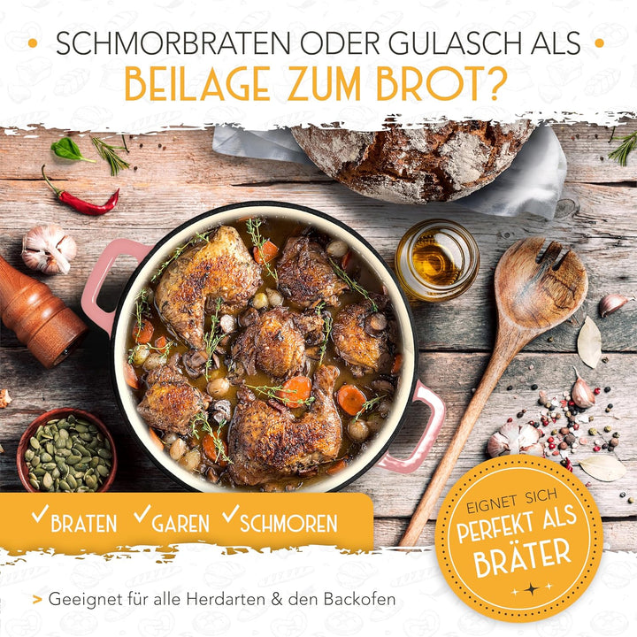 KRUSTENZAUBER Gusseisen Topf Brot backen emailliert inkl. Gärkorb - 26cm Emaille-Topf samt Zubehör -