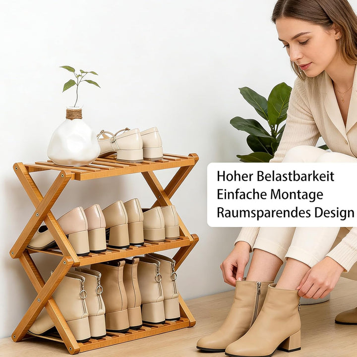 3 Ebenen Faltbares Schuhregal, Schuhregal Platzsparend Holz, Freistehendes Schuhregal für Eingangsbe