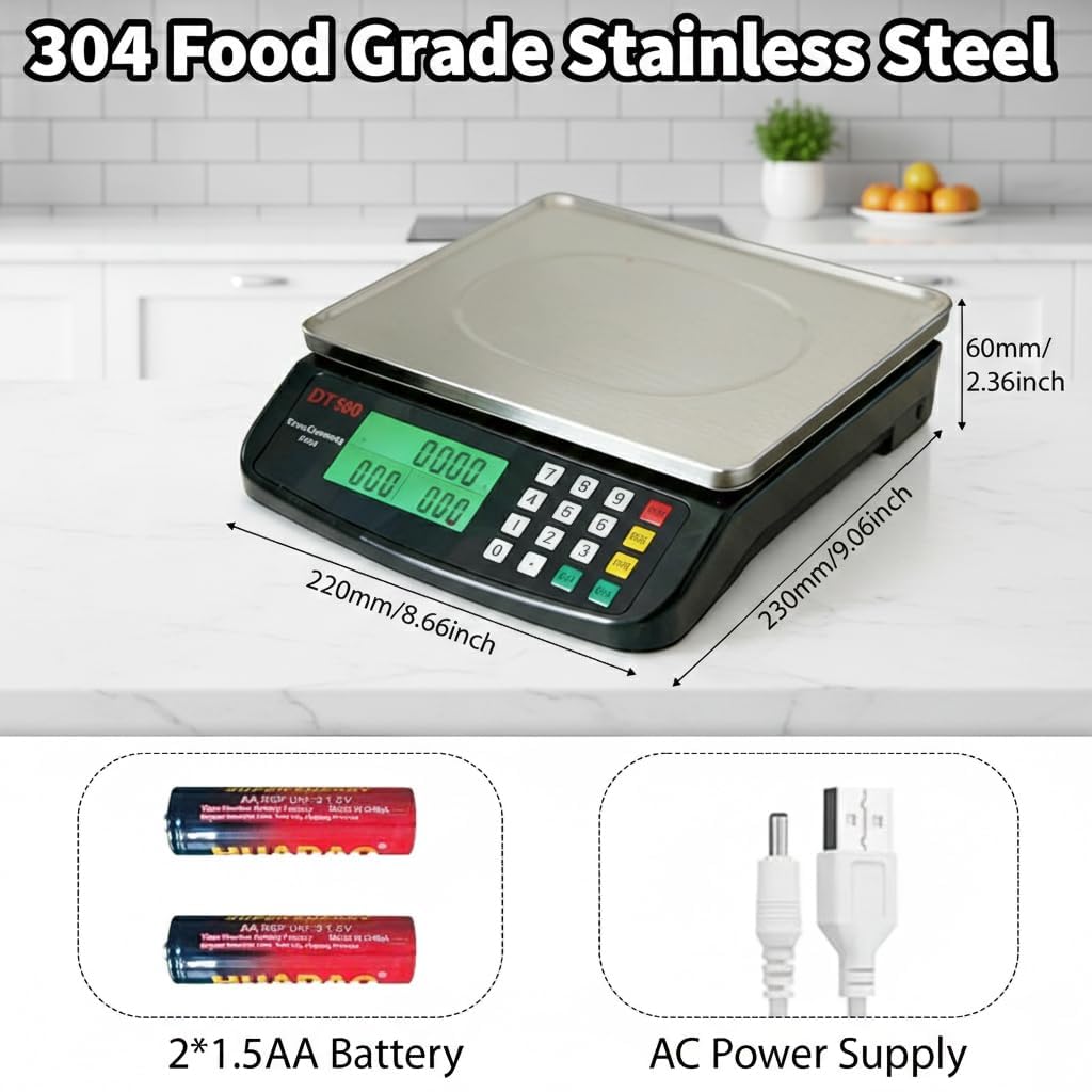 30kg/1g Digitale Küchenwaage, Edelstahl Gastronomie Essenswaage mit Preiskalkulation, Tara Funktion,