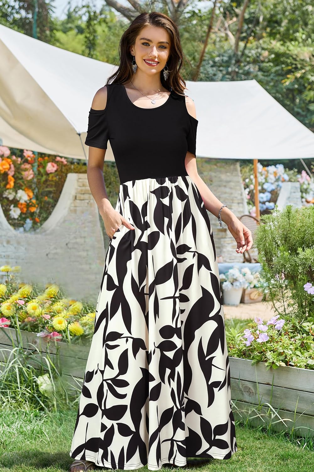 STYLEWORD Sommerkleid Damen Lang Kurzarm Maxikleid Blumen Kleider mit Taschen S Aprikose Schwarze Bl