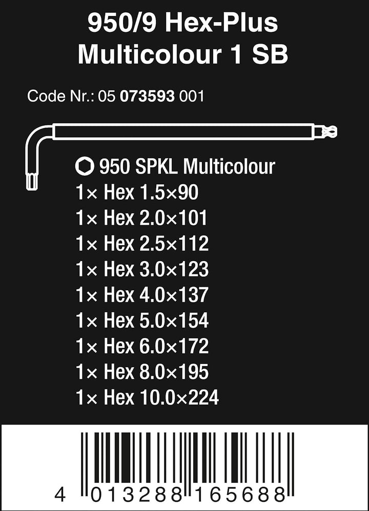 Wera 05073593001 950/9 Hex-Plus 1 SB Winkelschlüsselsatz, Mehrfarbig, metrisch, BlackLaser, 9-teilig
