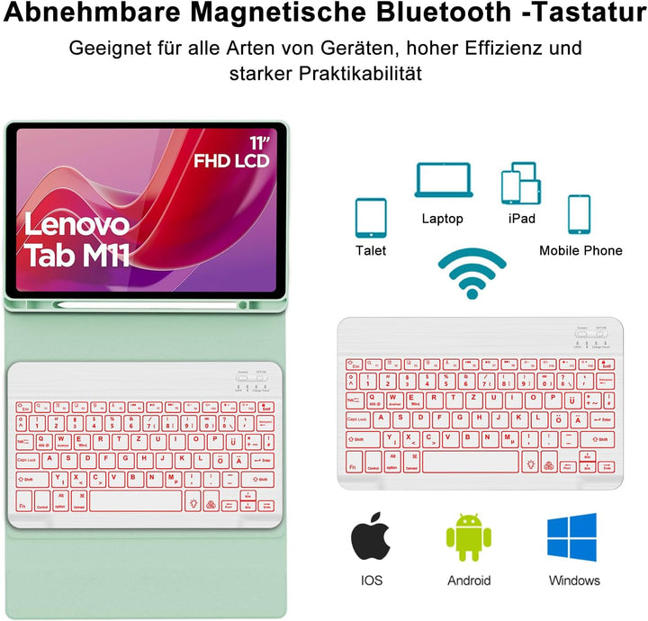 Tastatur Hülle für Lenovo Tab M11 2024, Deutsches QWERTZ, 7 Farben Beleuchtung Magnetisch Abnehmbare