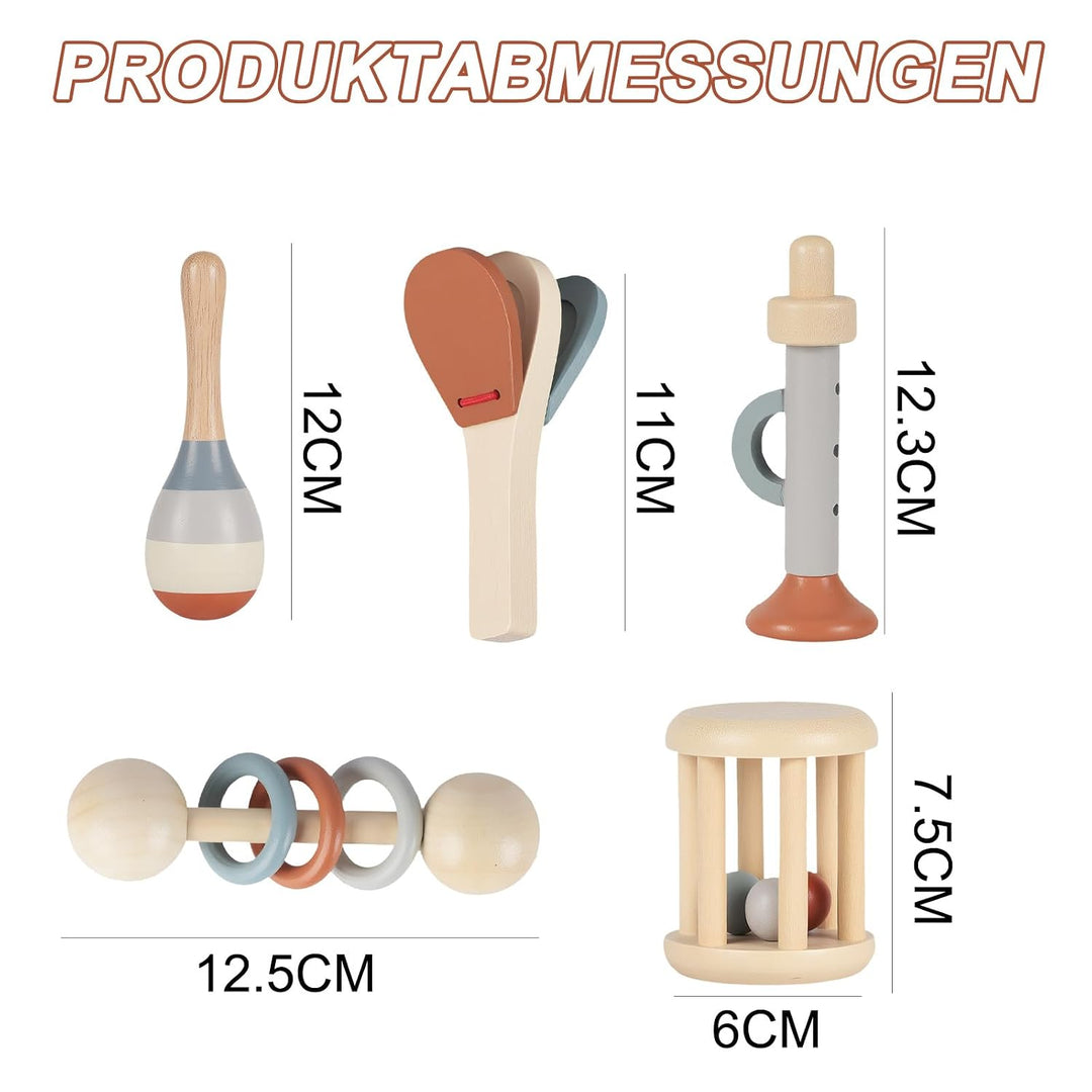 5pcs Montessori Holz Rassel - Musik Holz Spielzeug, Montessori Sensorik Spielzeug, musikinstrumente