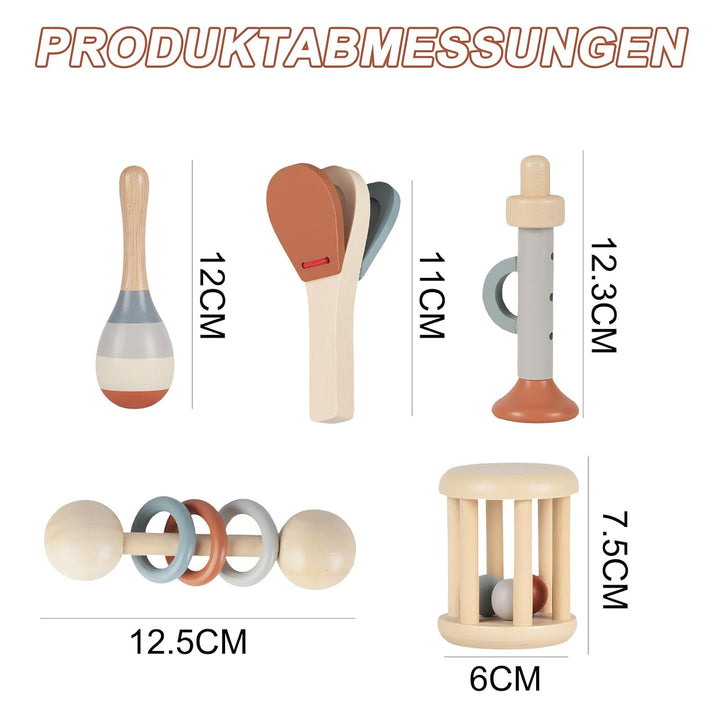 5pcs Montessori Holz Rassel - Musik Holz Spielzeug, Montessori Sensorik Spielzeug, musikinstrumente