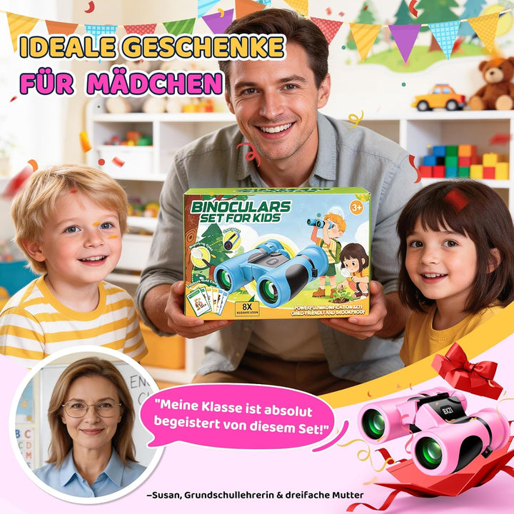 Fernglas für Kinder 8X21 mit Lupe & Kompass & Entdeckerkarten - Geschenk Mädchen 3-10 Jahre, Outdoor