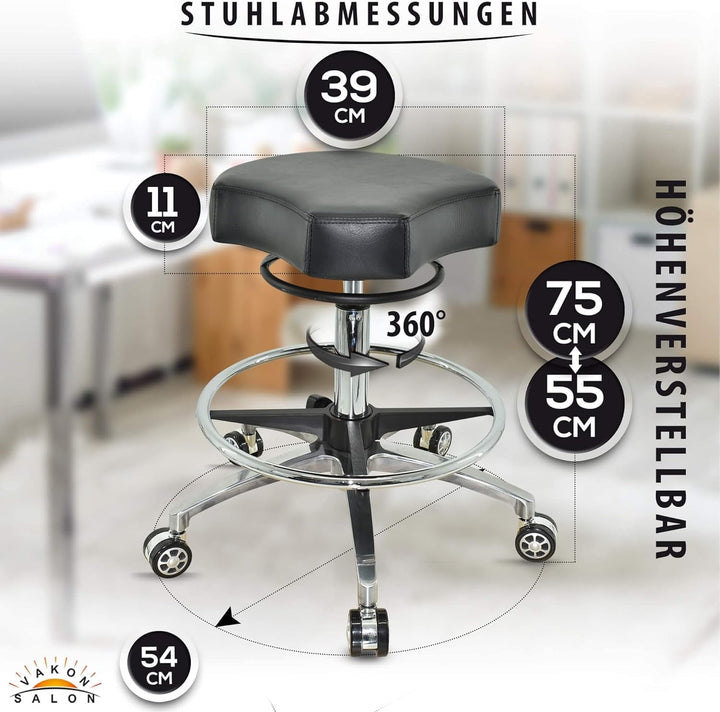 VAKON SALON - Design ergonomischer Rollhocker auf hochwertigen Rollen und Fussring schwarz - Höhenve