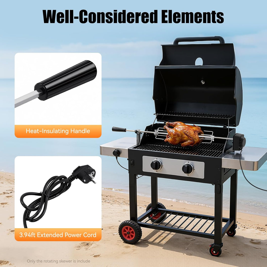 CHFUNE Edelstahl Grillspiess Set, Elektrischer Rotisserie, mit 2 Fleischnadeln,Motor, USB Leitung un