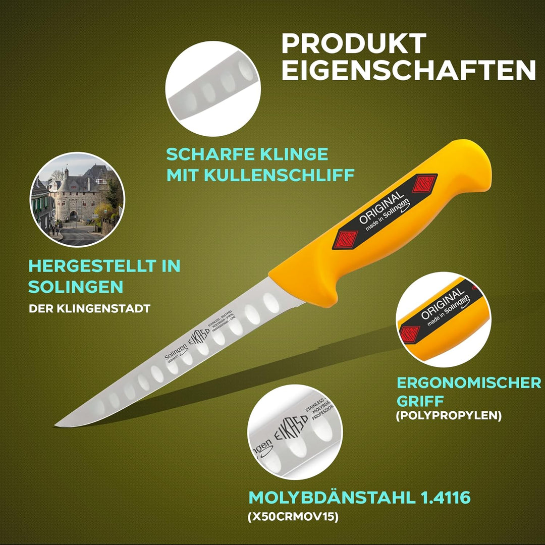 EIKASO Solingen Germany Ausbeinmesser gerade mit Kullen 18cm Klinge aus Molybdänstahl 1.4116 Profi F