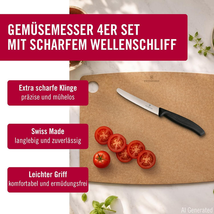 Victorinox Swiss Classic Frühstücksmesser, Brötchenmesser, Set 4teilig, Scharfe Klinge, Wellenschlif