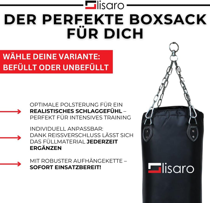 Lisaro Profi Boxsack 120/150 cm gefüllt/ungefüllt | Sandsack in Studioqualität für Boxen, Kickboxen