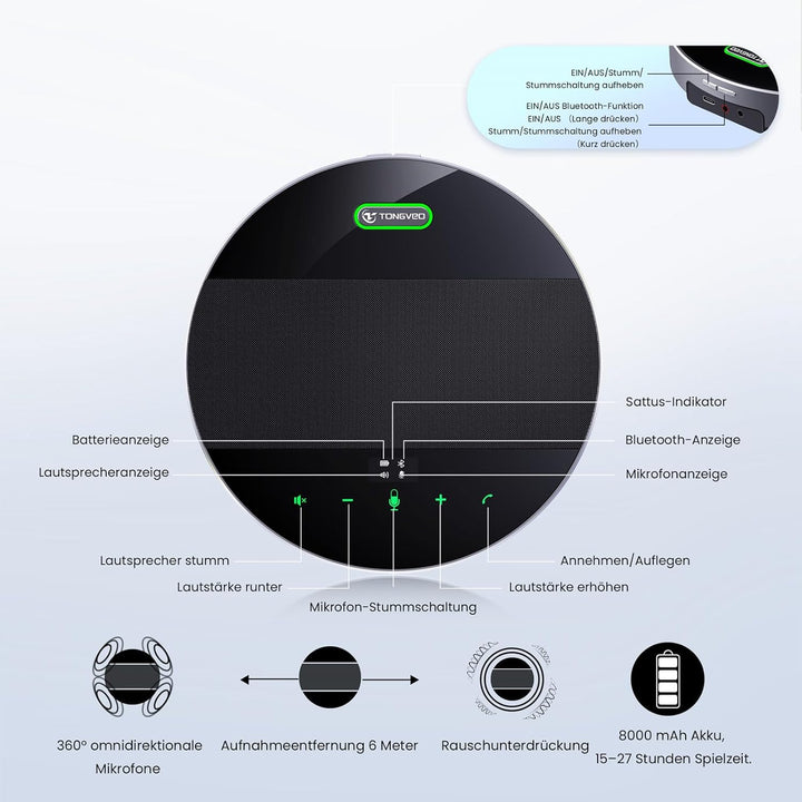 TONGVEO All-in-1 Konferenzraum-Kamera-System Und Bluetooth-Mikrofon Kombination,1080P 60fps 3-Fach o