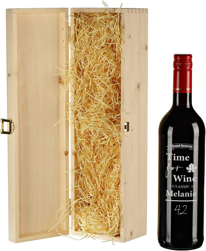 2-TLG Wein Geschenkset - mit Wunschname - 1x 700 ml Weinflasche, 1x Holzkiste personalisiert - für M
