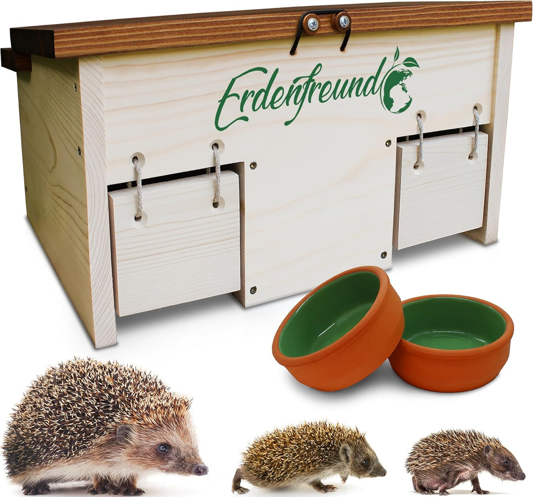 ERDENFREUND® Igelfutterhaus mit Rattenklappe + 2er Set Wasser- & Futternapf Igelhaus mit Rattenklapp