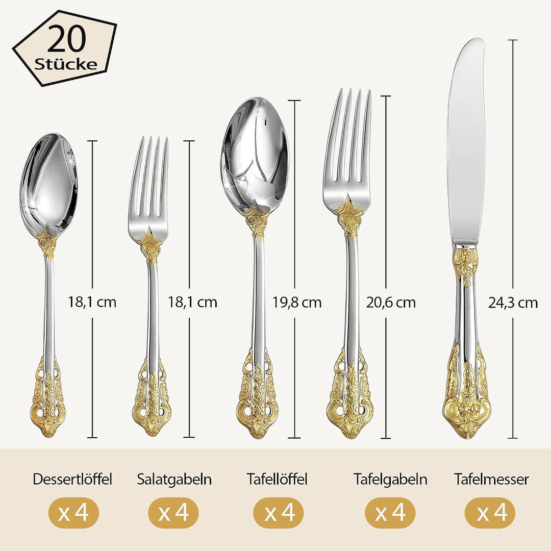 Prächtiges Barock Gold Silber 18/10 Edelstahl Besteck-Set mit 20 Teilen, rostfreies Edelstahl Bestec