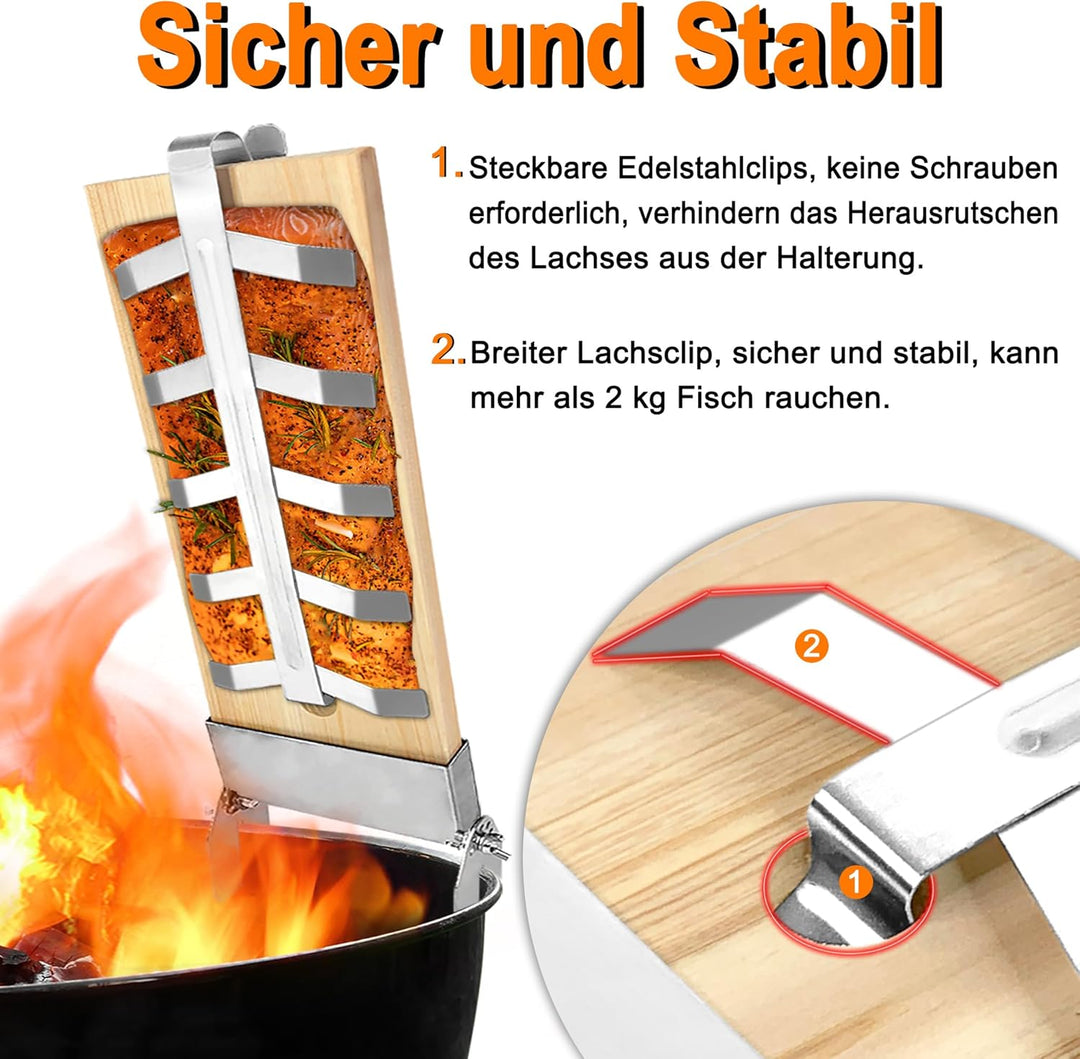 SUBTLETY Flammlachsbretter 2er Set Räucherbrett Flammlachsbrett mit Edelstahl-Halterung 5 Stufen Ein