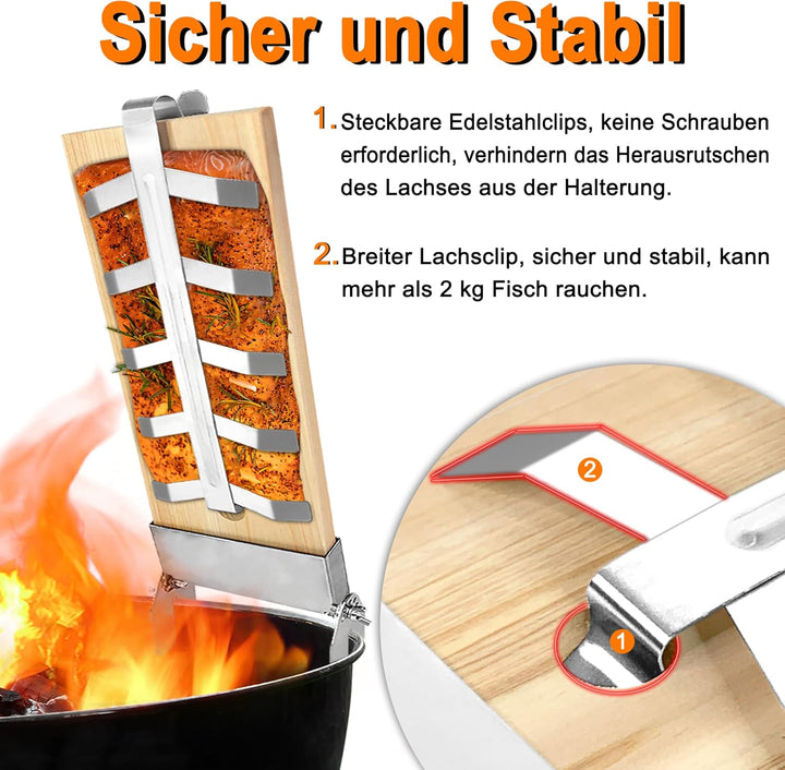 SUBTLETY Flammlachsbretter 2er Set Räucherbrett Flammlachsbrett mit Edelstahl-Halterung 5 Stufen Ein