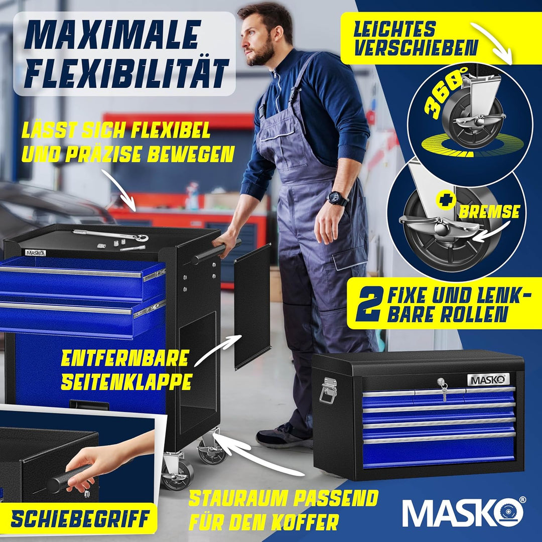 MASKO® Werkstattwagen inkl. Koffer - 9 Fächer Abschliessbar | Massives Metall | Mobiler Werkzeug-Wag
