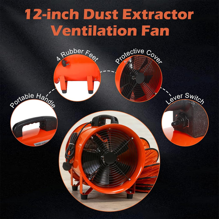 12 Zoll Kanalventilator 520 W, Schlauch, Werkstatt und Rauchabsauggerät, 30 cm Staubabsaugung mit 5
