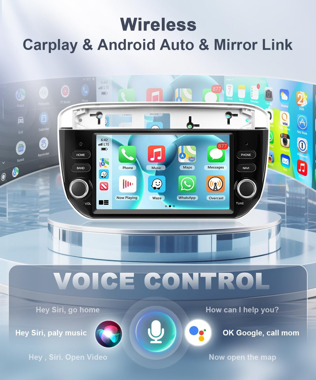 Carplay Autoradio für FIAT Punto 2012 2013 2014 2015 2016, 4GB+64GB Wireless Android Auto Stereo mit