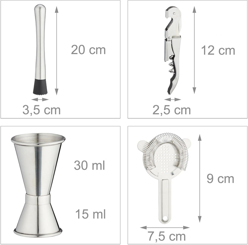 Relaxdays Cocktail Set, 10-TLG. Barset mit Ständer, Shaker, Barmass, Barlöffel, Zange, Edelstahl & B