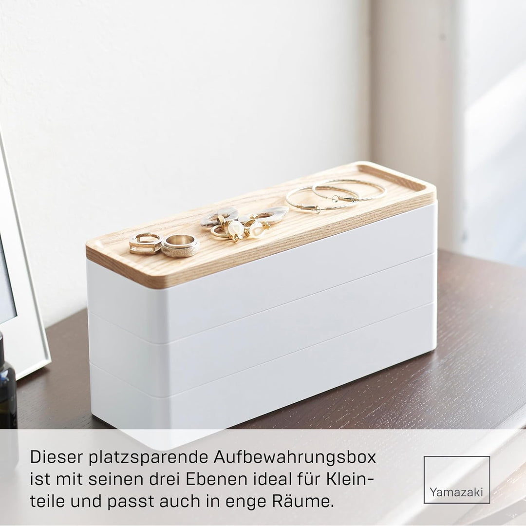 Yamazaki 5811 RIN Schlankes Schmuckkästchen mit Deckel und 3 Ebenen, weiss, ABS Harz/Holz, Minimalis
