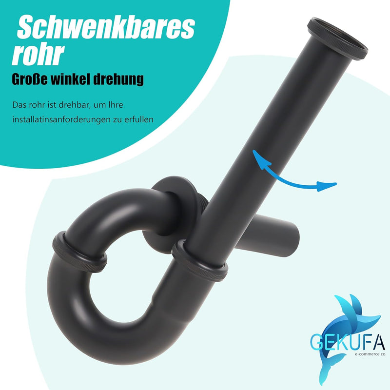 Siphon Waschbecken Schwarz【Extra Lang 200mm Tauchrohr】Universal Syphon Badezimmer Waschbecken 1 1/4"