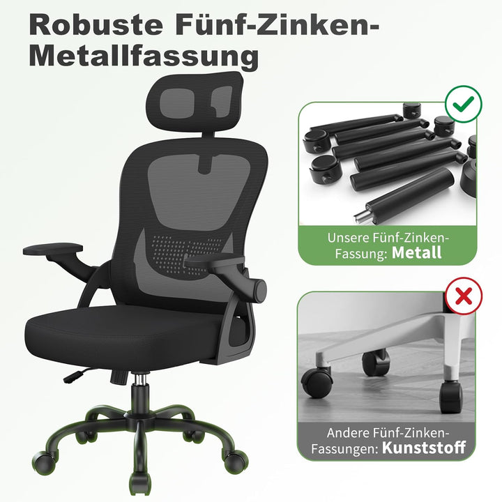 naspaluro Ergonomischer Schreibtischstuhl, Bürostuhl mit Kopfstütze/Hochklappbaren Armlehnen, Atmung