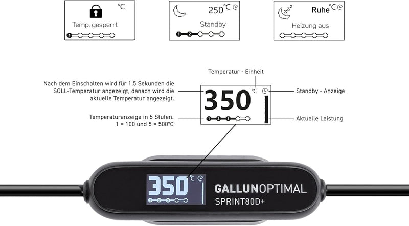 GALLUNOPTIMAL Temperatur geregelter Lötkolben mit OLED-Display und Kartuschenspitze, 1,77m Silikonka