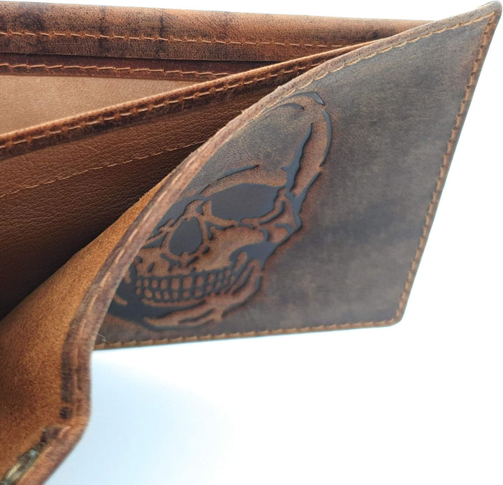 echt Leder Biker Geldbörse quer Hunterleder Portemonnaie Totenkopf Schädel Skull mit 50cm Kette & RF
