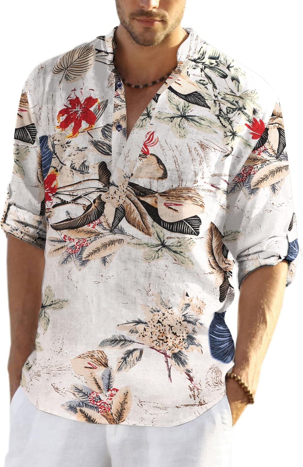 COOFANDY Herren Hemd Langarm Henley Shirt Leinenhemd Baumwolle Casual Regular Fit Sommerhemd Khaki-b
