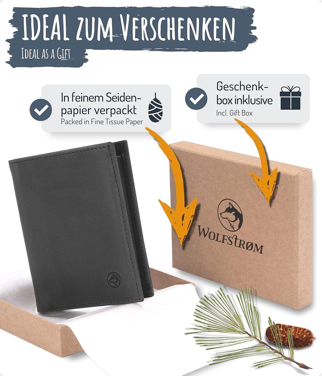 Wolfstrøm Geldbörse Herren Damen Leder Klein Münzfach RFID Hochformat 'Svåla' – Mini Portemonnaie, S