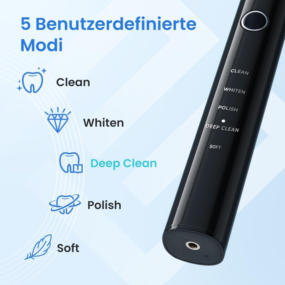 Etekcity Elektrische Schallzahnbürste, Deep Clean Modi, 6 Bürstenköpfe, schnelle Aufladung für 60 Ta
