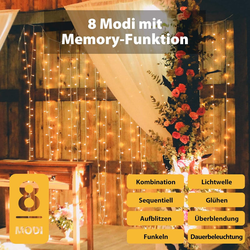 SALCAR LED Lichtervorhang Aussen 2x3m, Lichterkette Vorhang Weihnachten Innen mit 8 Modi und Memory,