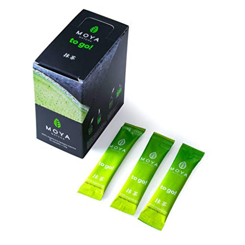 Moya Matcha To Go! Set Organischer | 24 Stück x 1,5 g Matcha To Go Sticks + Glas-Shaker 330ml | Set