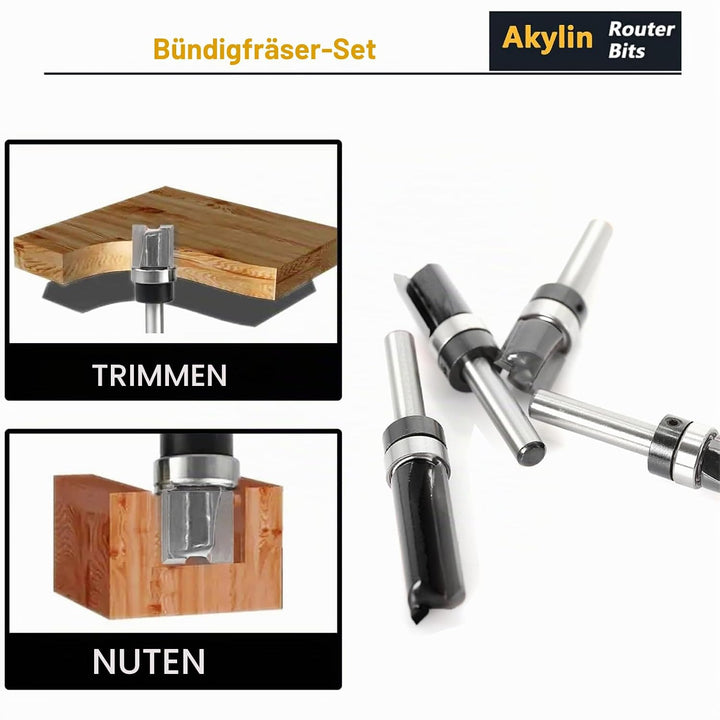 4 Stück Bündigfräser 6 mm Schaft, Kopierfräser für Oberfräse, Bündigfräser mit anlaufring oben Set H