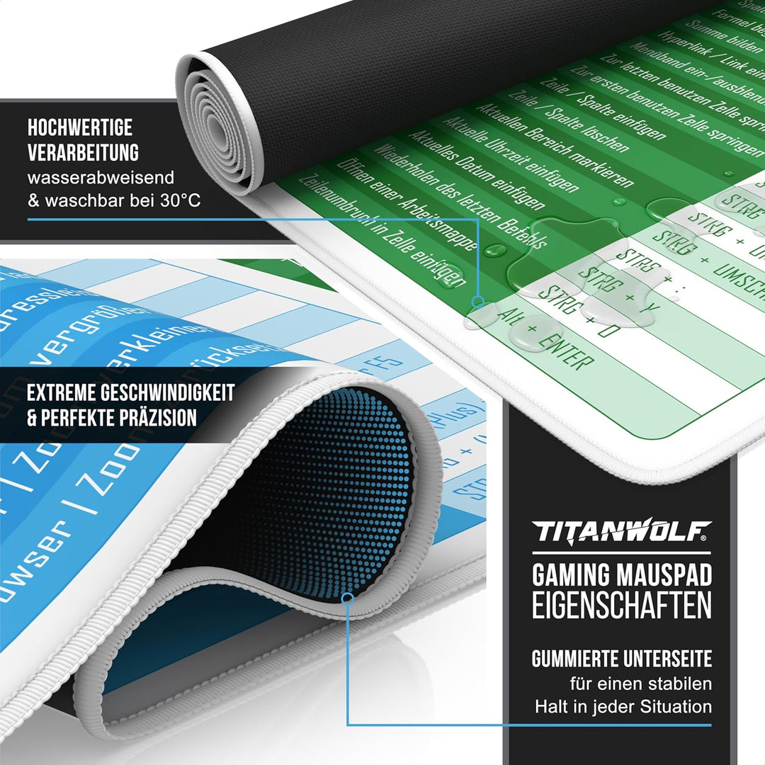 TITANWOLF - XXL Speed Gaming Mauspad 1200 x 600mm - Excel Windows Outlook Word Shortcut Tastenkürzel